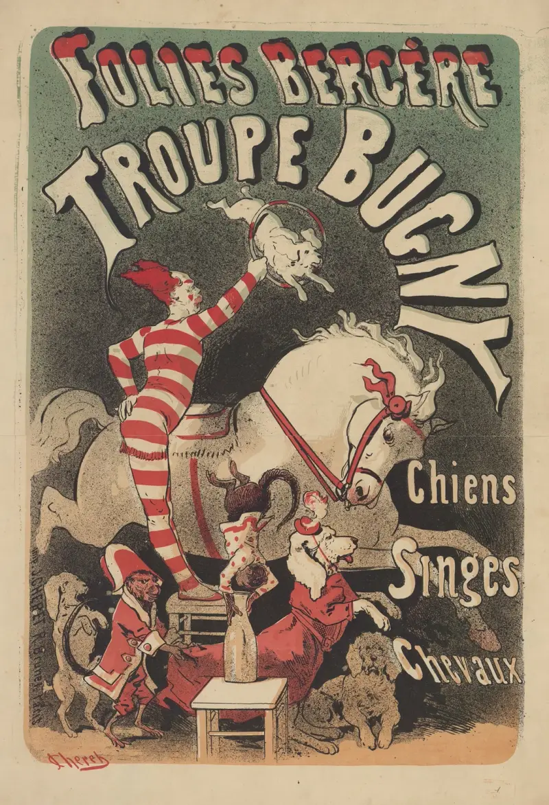 Folies-Bergère. Troupe Bugny, chiens, singes, chevaux av Jules Chéret