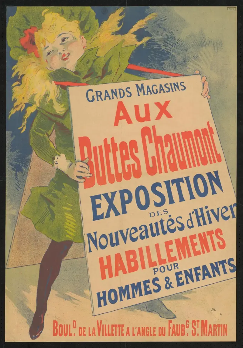 Grand Magazins Aux Buttes Chaumont. Exposition des nouveautés d'hiver von Jules Chéret