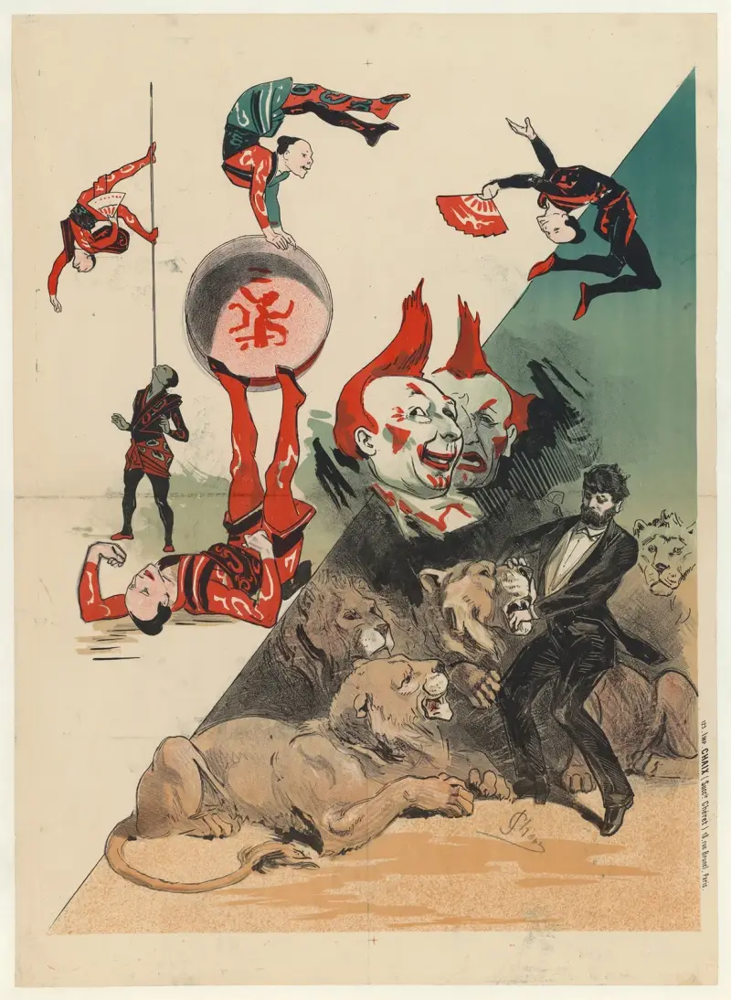 Hippodrome – acrobates japonais, clowns et dompteur de fauves av Jules Chéret