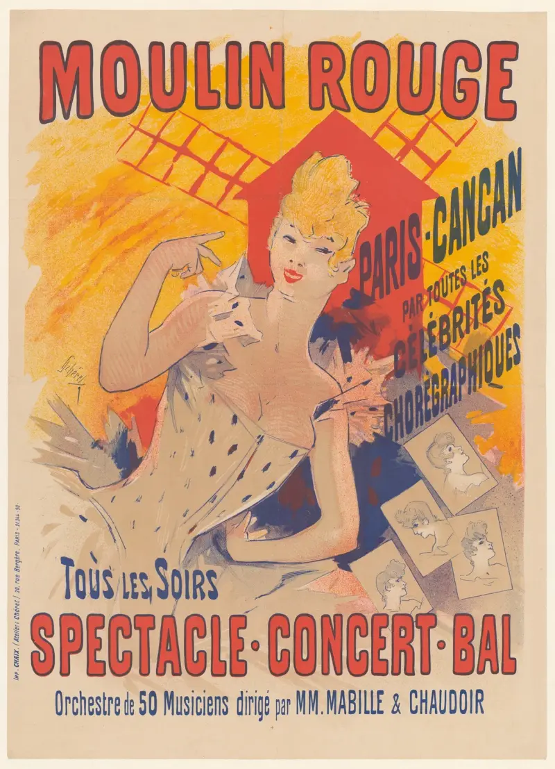 Moulin rouge. Paris-Cancan, par toutes célébrités chorégraphiques. Toutes les soirs, spectacle, concert, bal av Jules Chéret