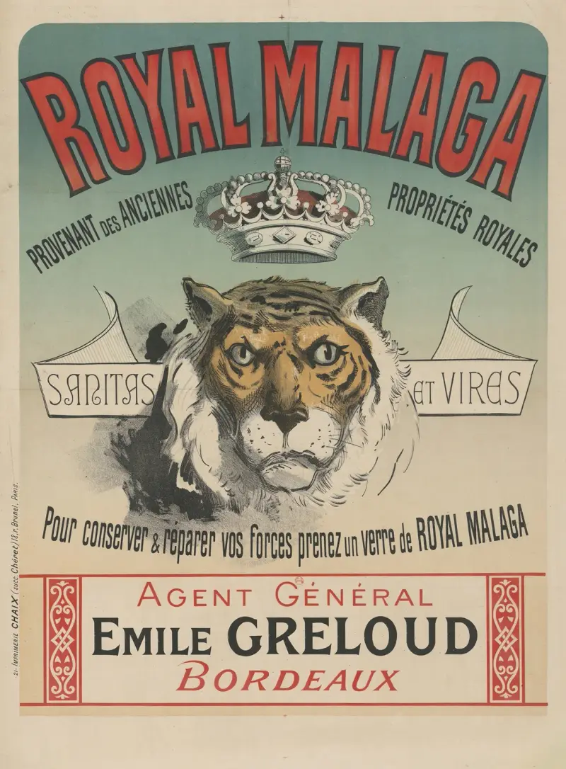 Royal Malaga. sanitas et vires. pour conserver & réparer vos forces, prenez un verre de Royal Malaga av Jules Chéret