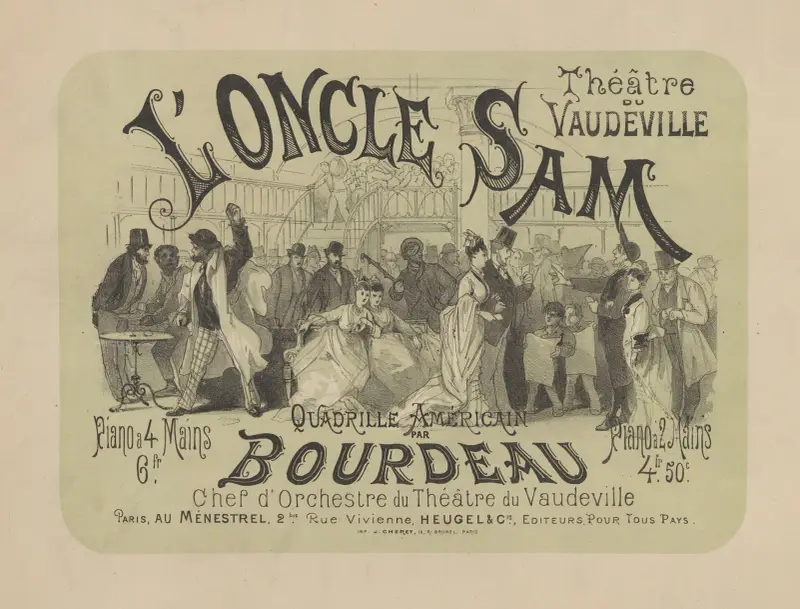 Théâtre du Vaudeville. L’Oncle Sam. Quadrille américain par Bordeau, chef dorchestre du Théâtre du Vaudeville av Jules Chéret