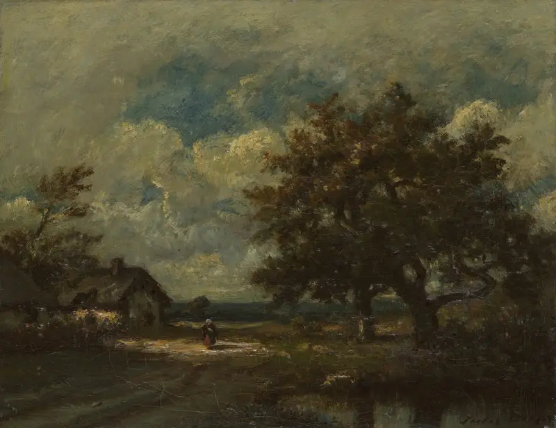 Stugan vid vägkanten, stormig himmel av Jules Dupré