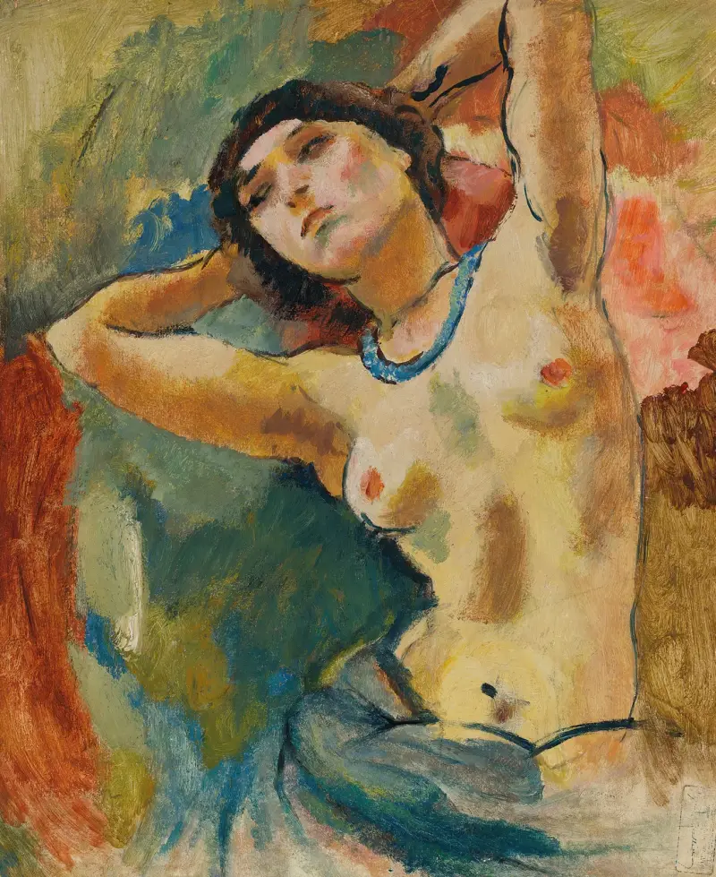 Brune mit blauem Halsband von Jules Pascin