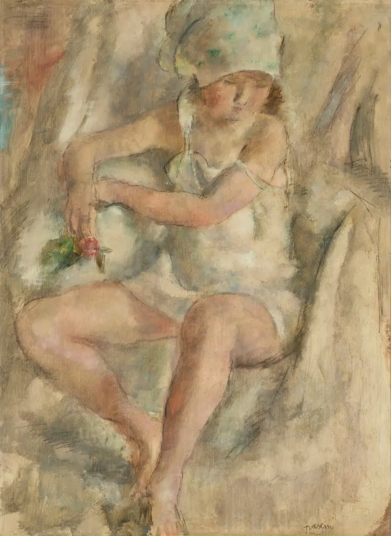 Kvinna med turban och ros av Jules Pascin