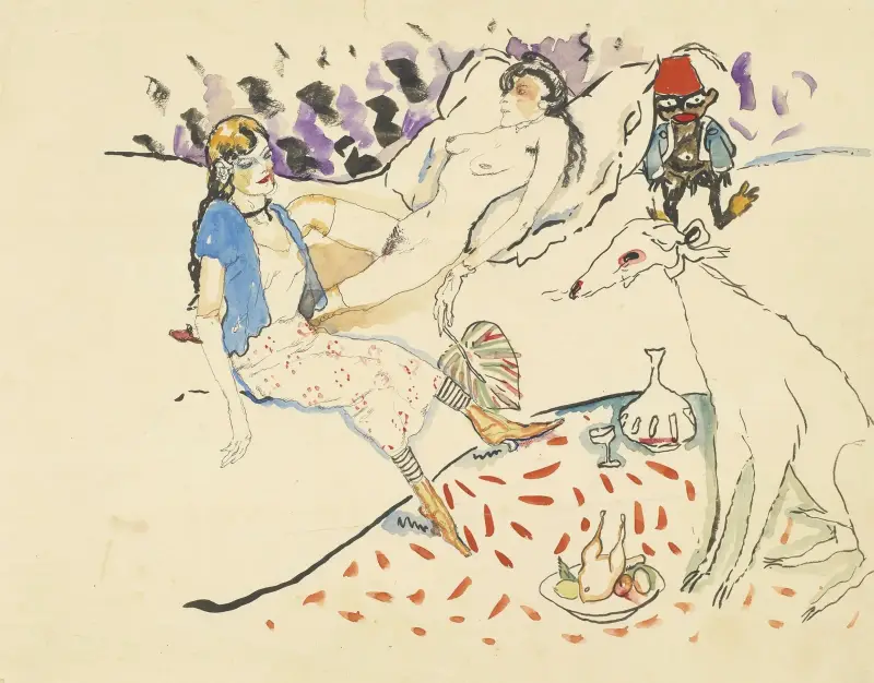 Kvinna med sin hund och naken av Jules Pascin