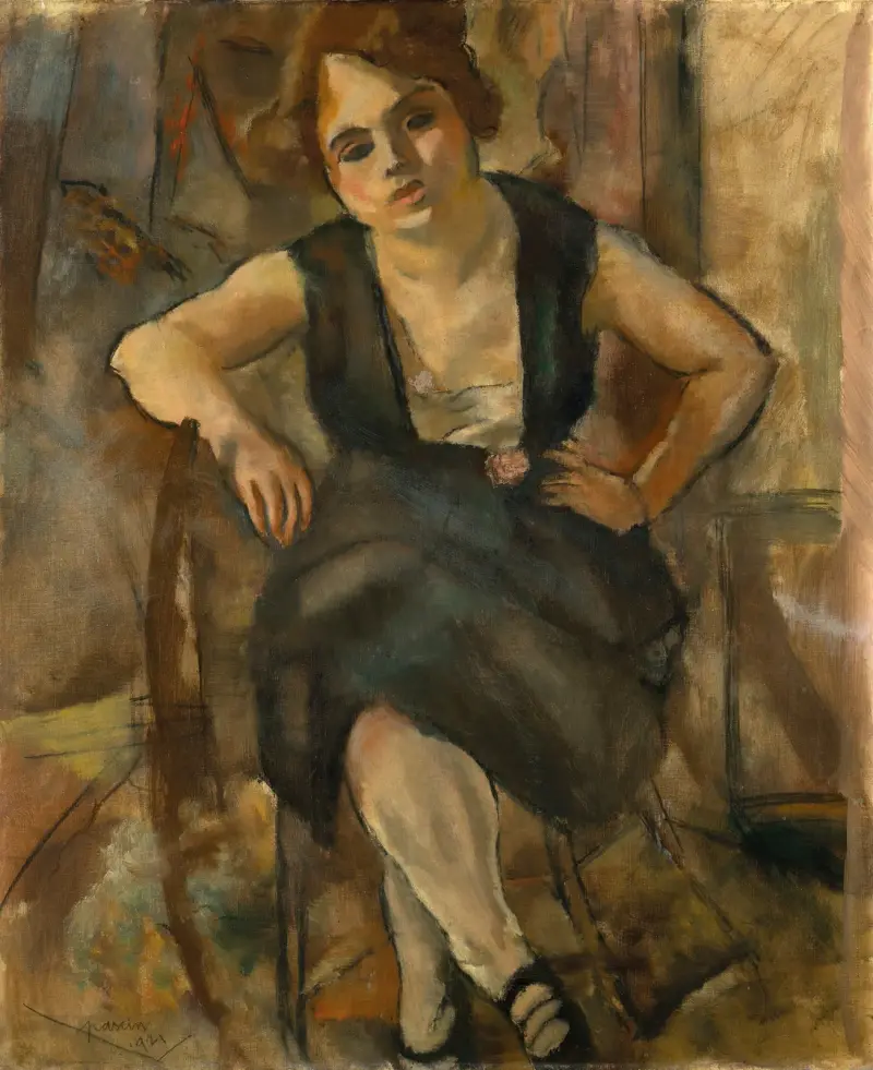 Ung kvinna i svart klänning av Jules Pascin