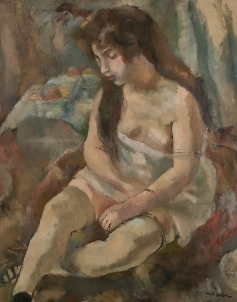 Ung flicka sittande med fruktskål av Jules Pascin