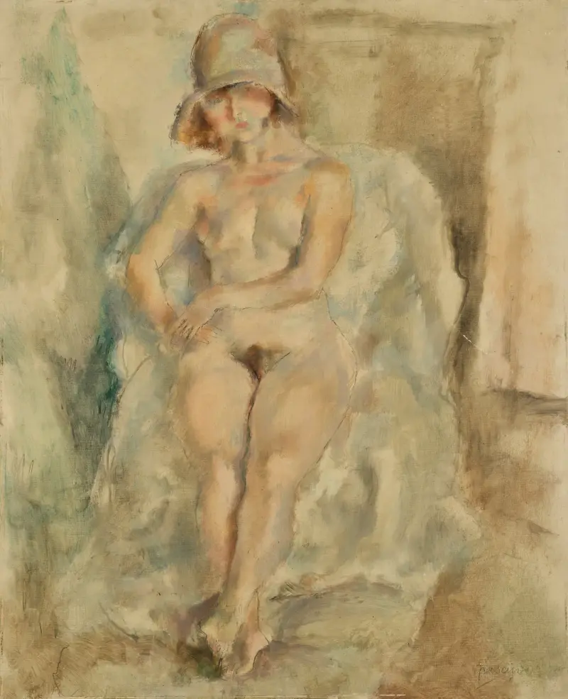 Naken modell med hatt av Jules Pascin