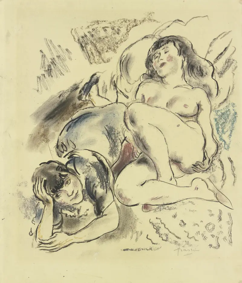 Två flickor på en schäslong av Jules Pascin