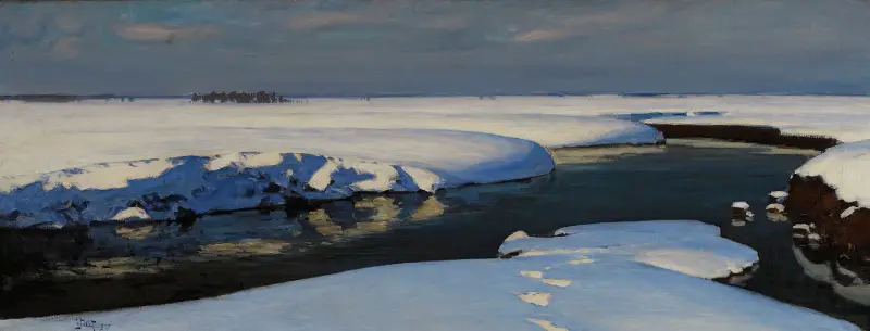 Vinterlandskap med flod av Julian Falat