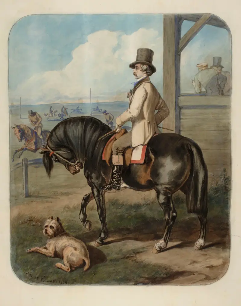 Eequestrian portrait of Adam Krasiński at a race in Warsaw av Juliusz Kossak