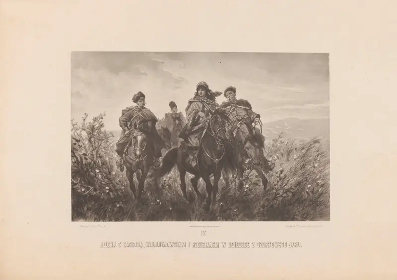 Helena with Zagłoba, Wołodyjowski and Rzędzian escaping Czortowy Jar av Juliusz Kossak