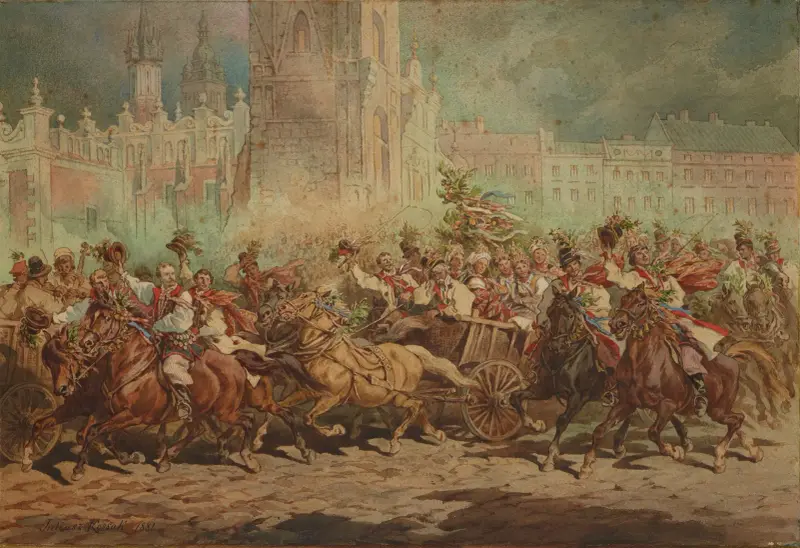 Krakowskt bröllopståg rider framför kejsaren på Stortorget i Krakow av Juliusz Kossak
