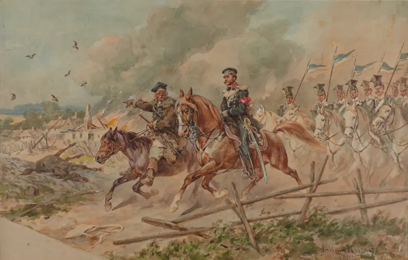 Lansryttare från 2:a regementet 1831 under spaning med en guide av Juliusz Kossak