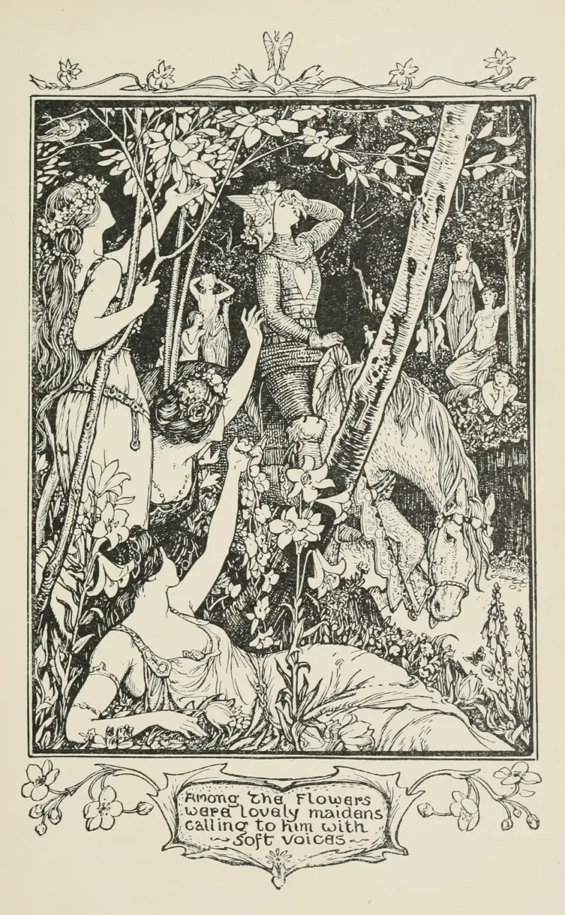 Among the Flowers were lovely Maidens calling to him with soft Voices av Henry Justice Ford