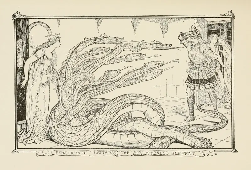 Bensurdatu attackerar den sjuhövdade ormen av Henry Justice Ford