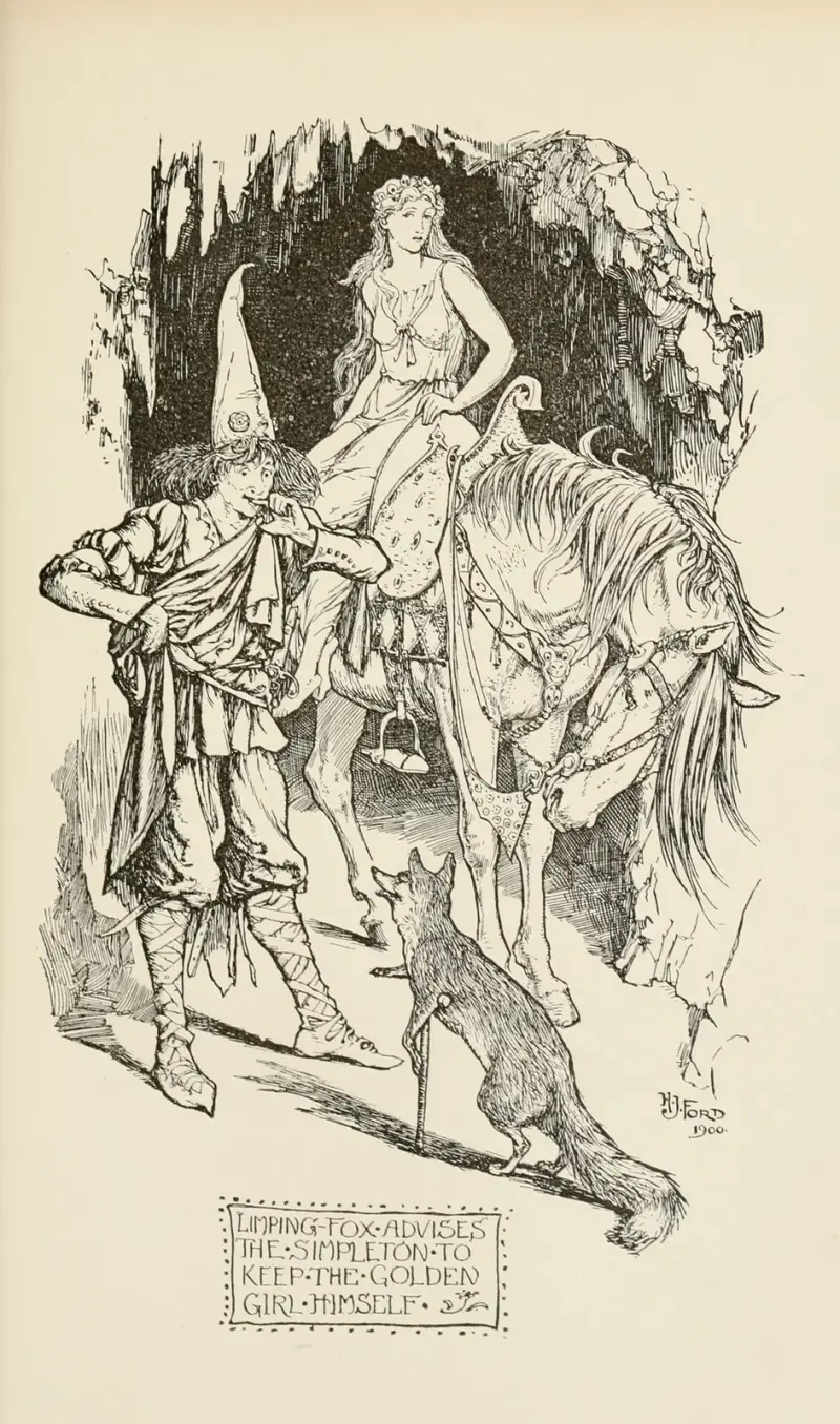 Limping Fox advises the Simpleton to keep the Golden Girl himself av Henry Justice Ford
