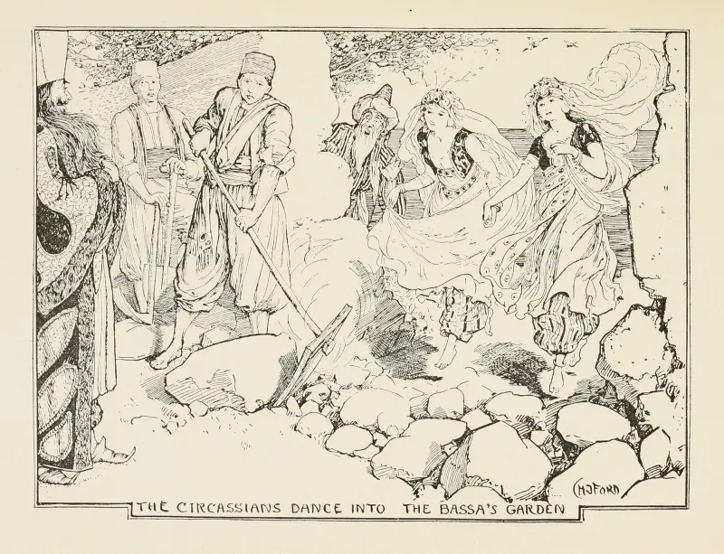 Cirkassierna dansar in i Bassas trädgård av Henry Justice Ford
