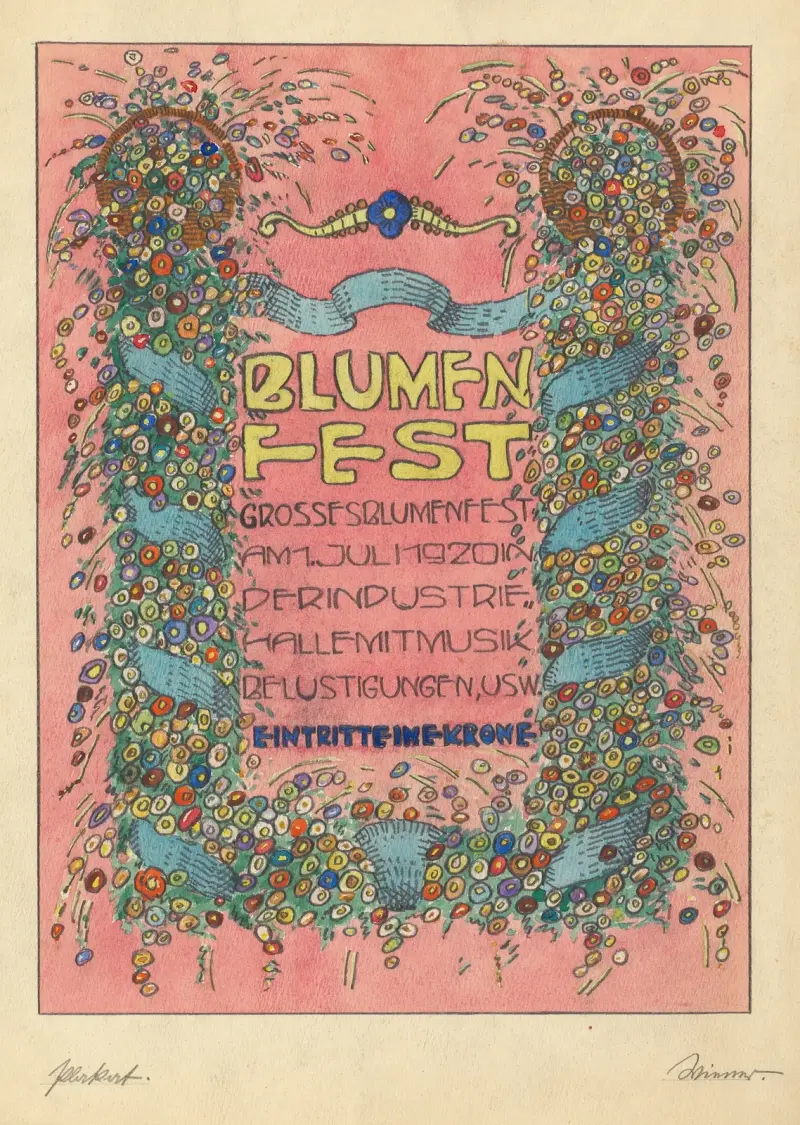 Entwürfe Plakat ‘Blumen fest Grosses Blumenfst Am 1. Juli 1920 in Der Industrie halle mit Musik belustigungen, usw. Eintritt eine Krone’ av Karl Wiener