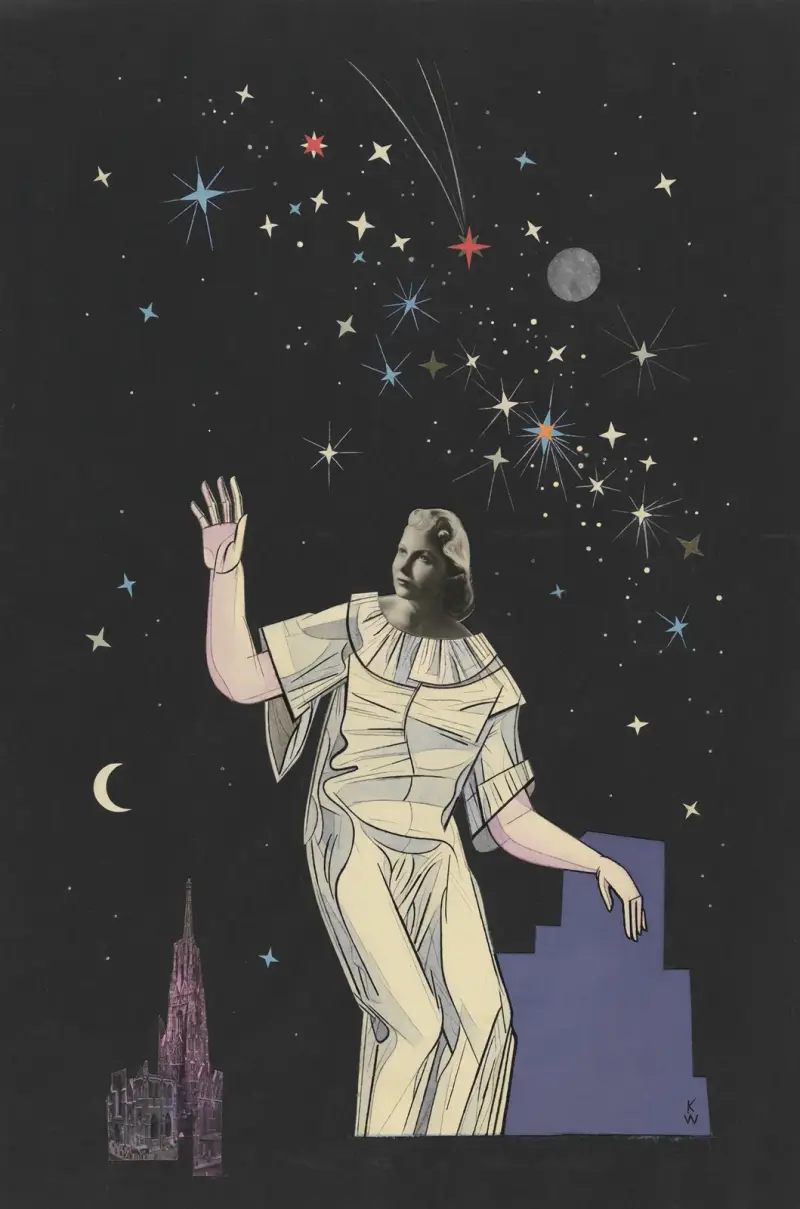 Ohne Titel (Collage, Frau, Gestirne, Stephansdom) av Karl Wiener
