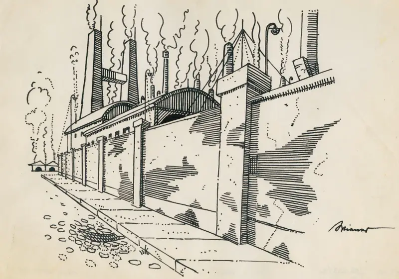 Ohne Titel (Fabrik mit rauchenden Schloten hinter Mauer) av Karl Wiener