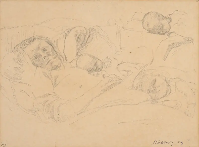 Frau im Bett mit ihrem Kind av Käthe Kollwitz