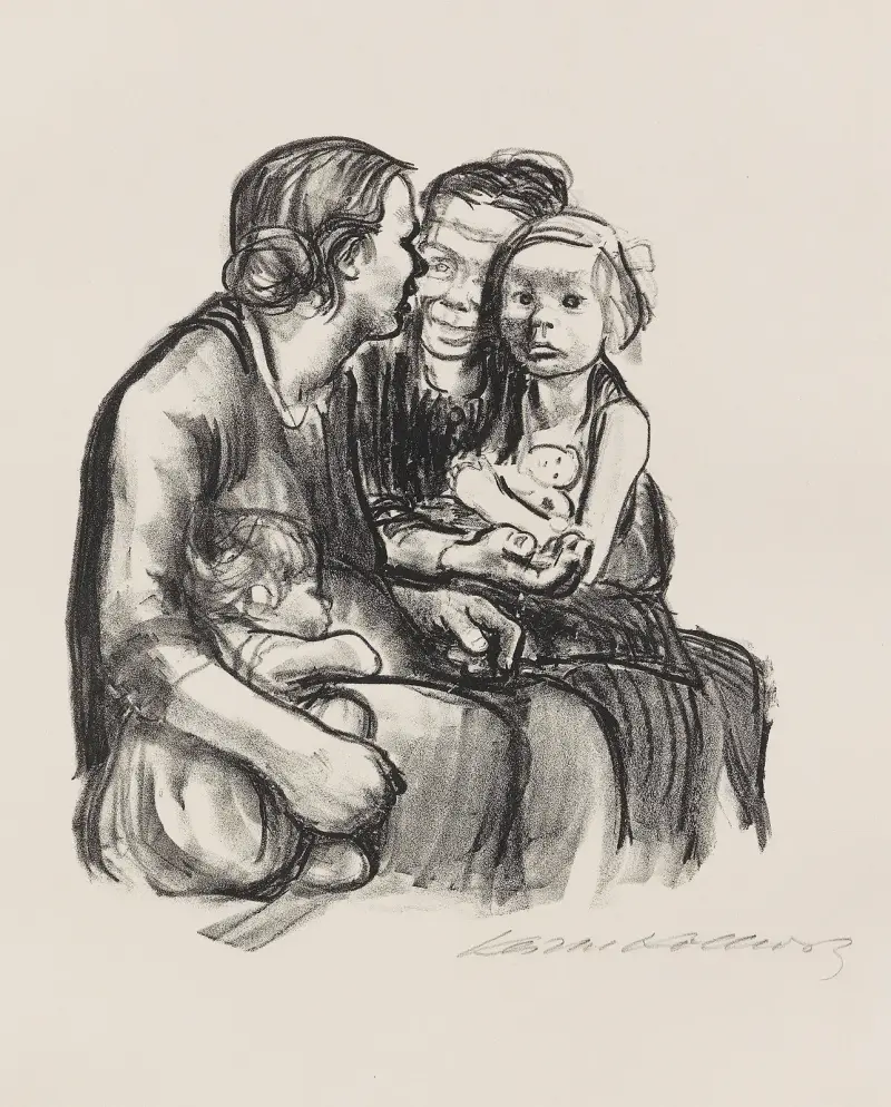Två samspråkande kvinnor med två barn, 1930 – nr 2 av Käthe Kollwitz