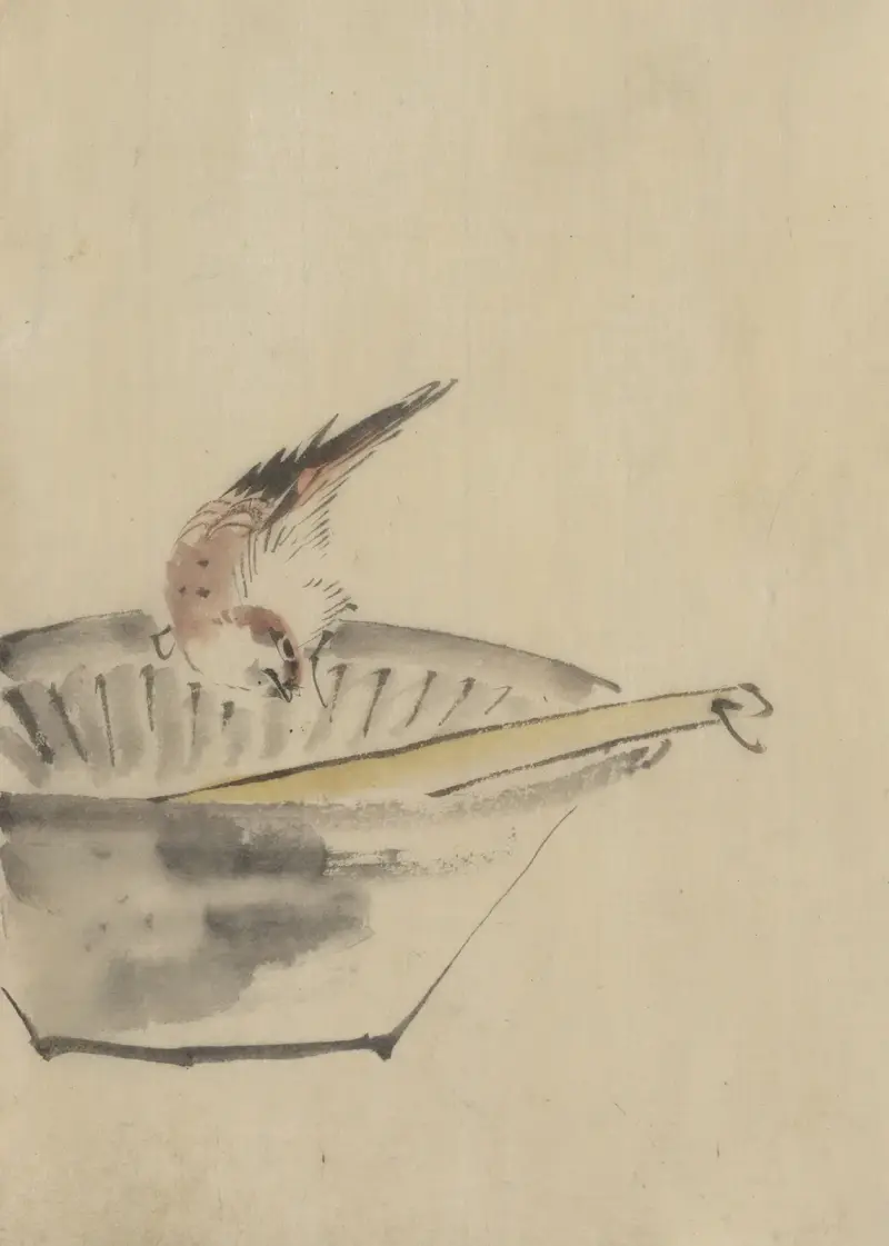 A bird perched on the edge of a bowl, with head cocked, looking at a utensil in the bowl av Katsushika Hokusai