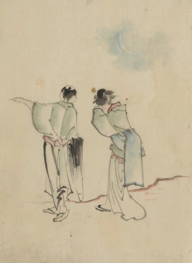 En man och en kvinna, sedda bakifrån, ser dit mannen pekar med sin vänstra arm av Katsushika Hokusai