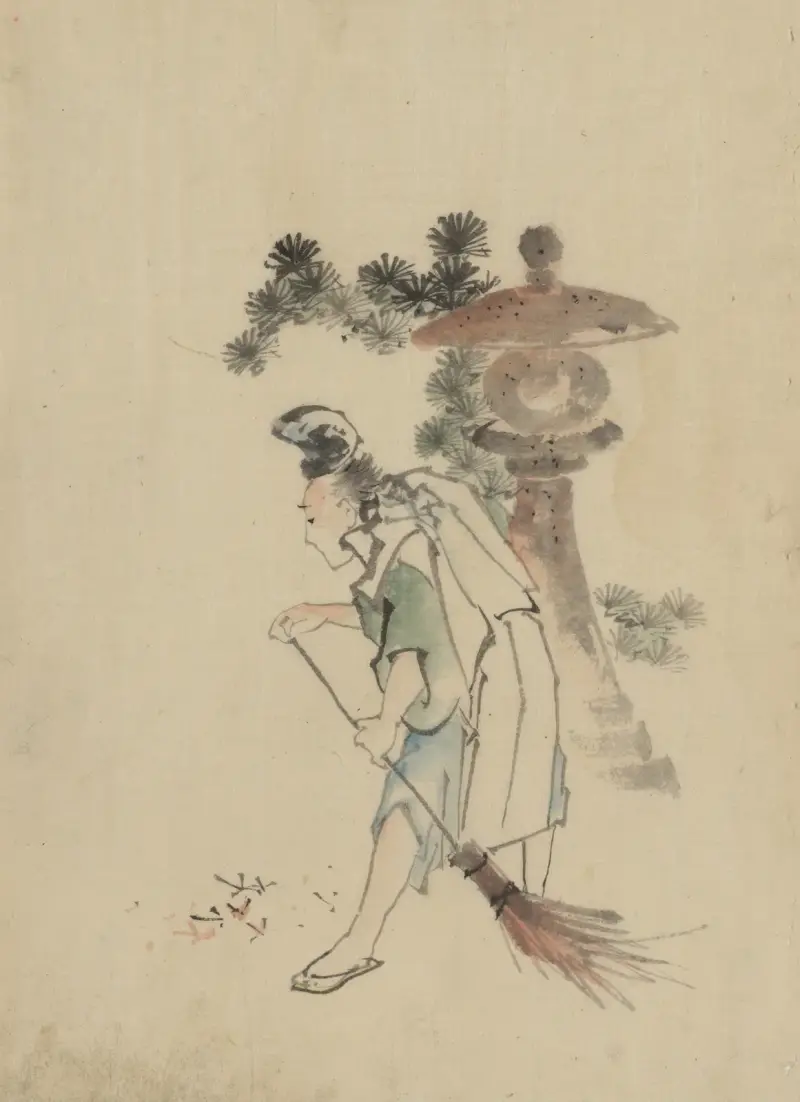 A man sweeping pine needles that have fallen from a tree near a stone shrine av Katsushika Hokusai
