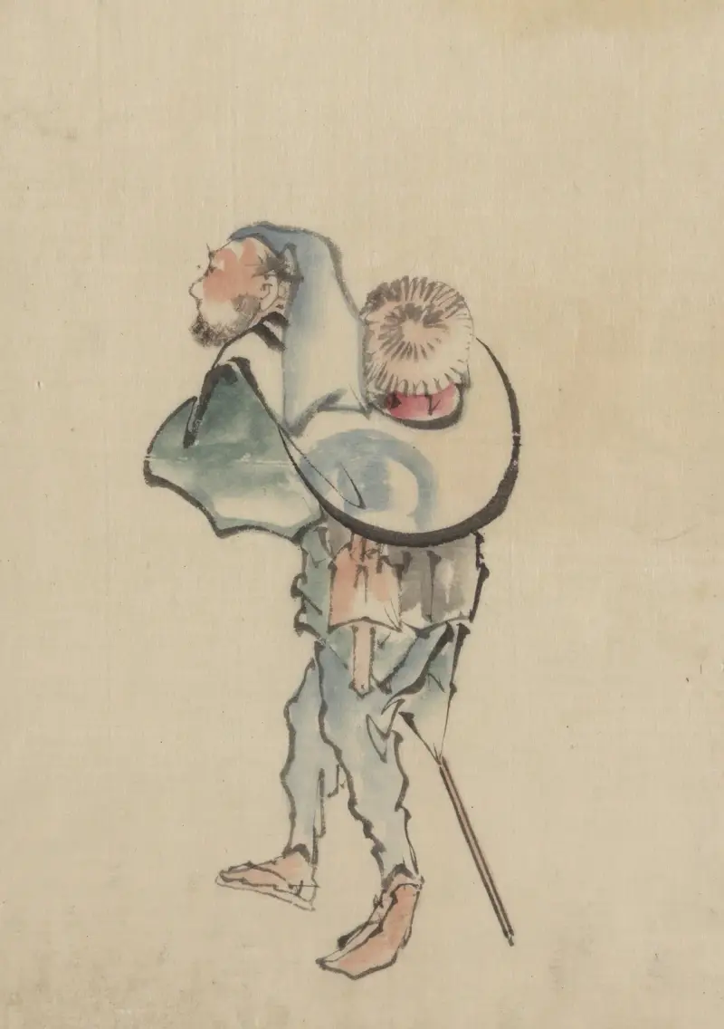 A man walking to the left, with a large hat resting on his back and wearing sandals, holding a short staff possibly used to propell a boat av Katsushika Hokusai