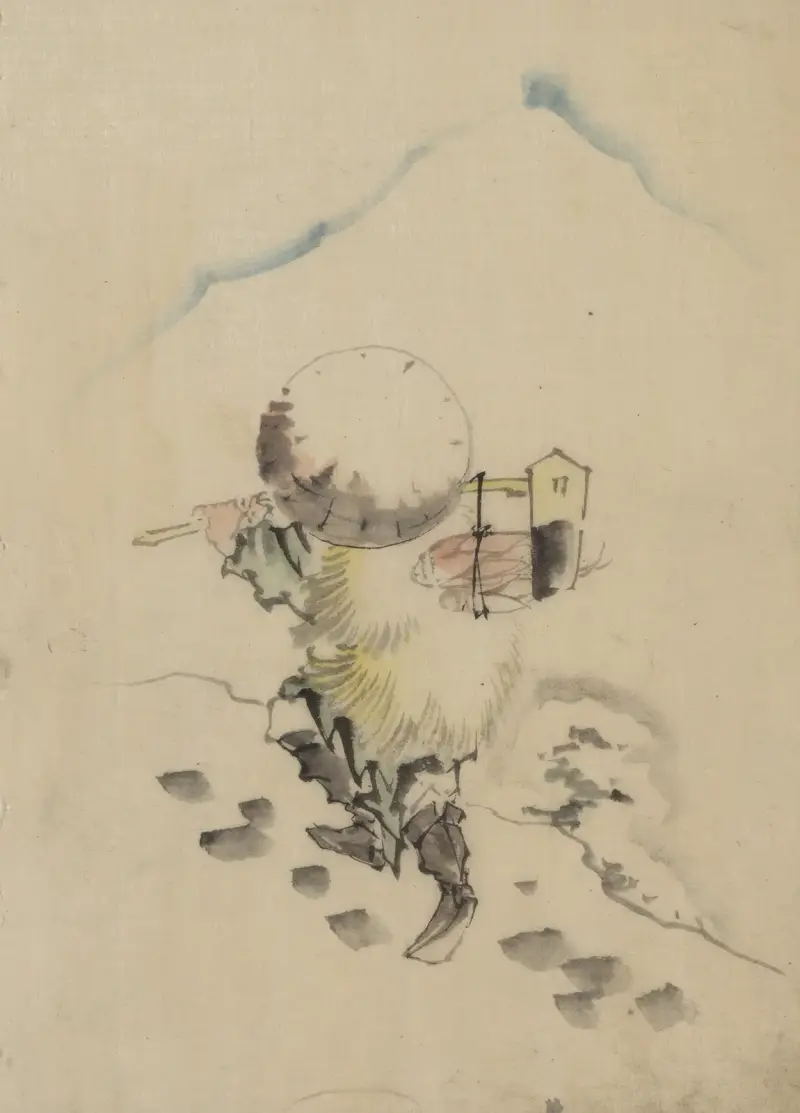 A man, wearing a conical hat, a straw or feather outer garment, and boots, is carrying a long-handled tool av Katsushika Hokusai