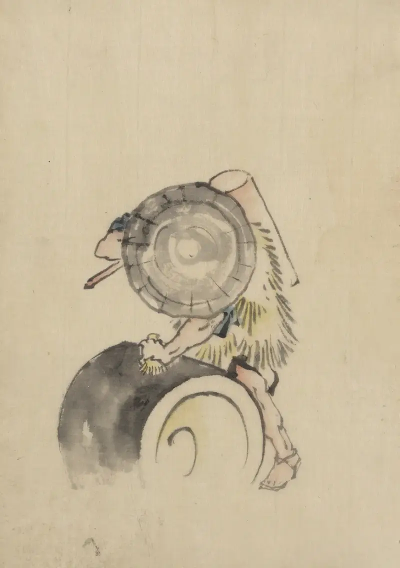 En man med stor konisk hatt och plagg av halm eller fjädrar, 1830 – nr 1 av Katsushika Hokusai