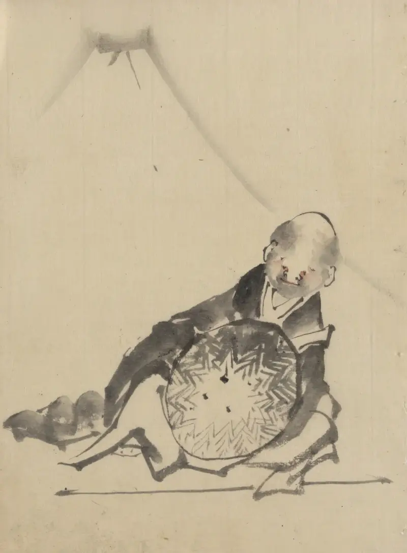 A monk reclining, holding a large conical hat in front of him, with view of Mount Fuji in the background av Katsushika Hokusai