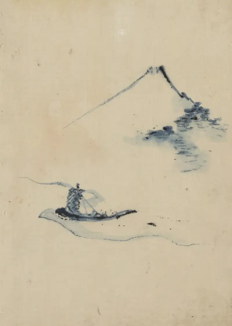 A person in a small boat on a river with Mount Fuji in the background av Katsushika Hokusai