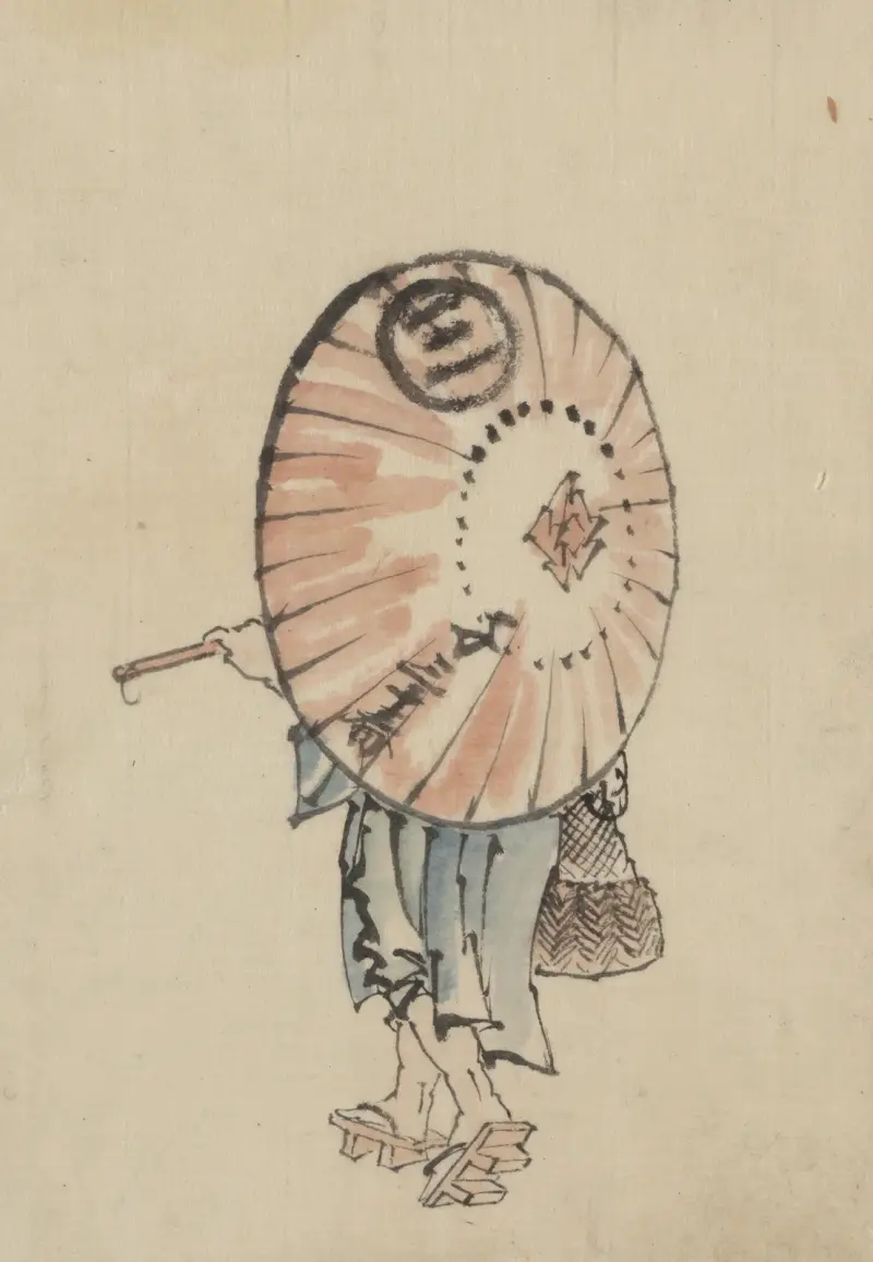 A person walking to the left, mostly obscured by an open parasol carried over the shoulder av Katsushika Hokusai