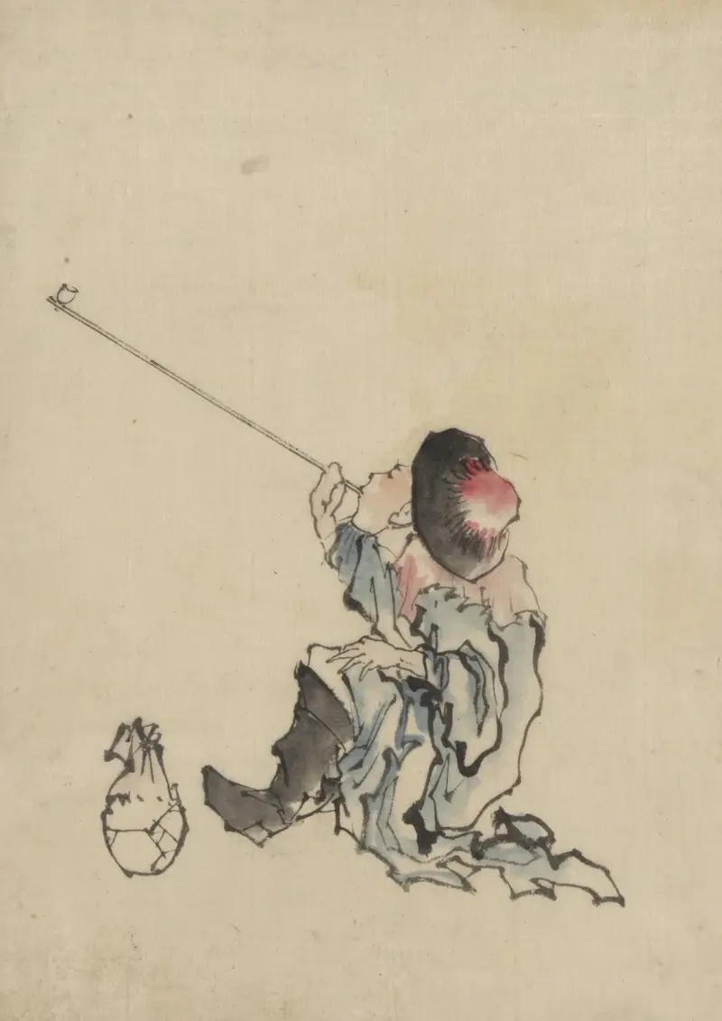 A traveler, seated, wearing a robe, boots, and rounded-top conical hat, smoking a long pipe av Katsushika Hokusai