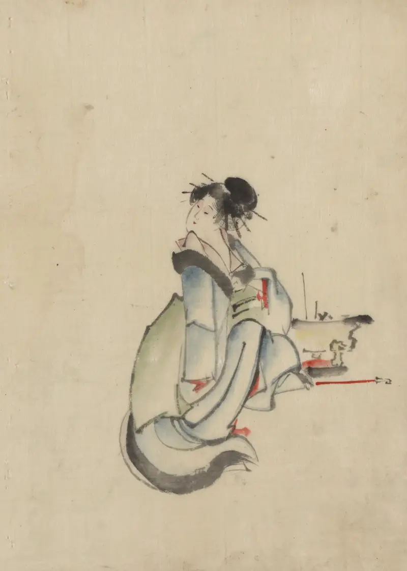 A woman, possibly a courtesan, seated, facing right, with her head turned to look back over her right shoulder, wearing several hairpins av Katsushika Hokusai