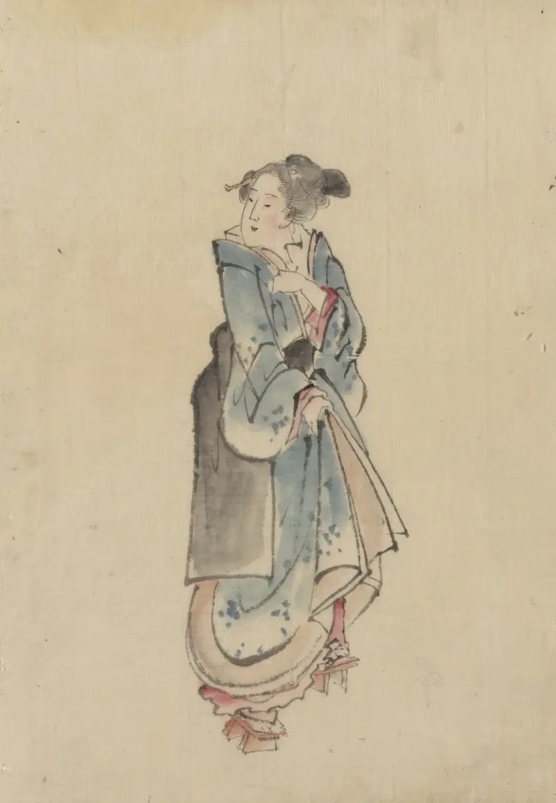 A woman walking to the right, full-length portrait, facing left, wearing kimono and geta av Katsushika Hokusai
