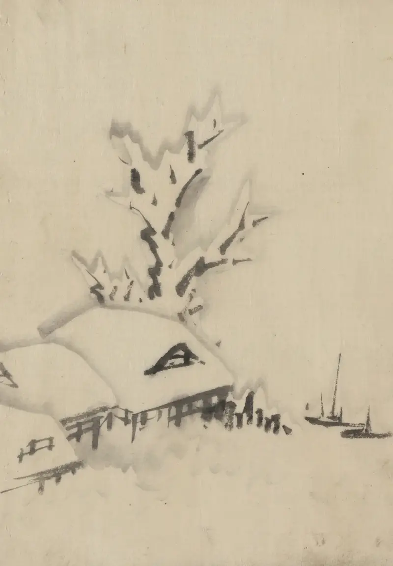 Buildings and large tree on the waterfront, with two boats anchored offshore av Katsushika Hokusai
