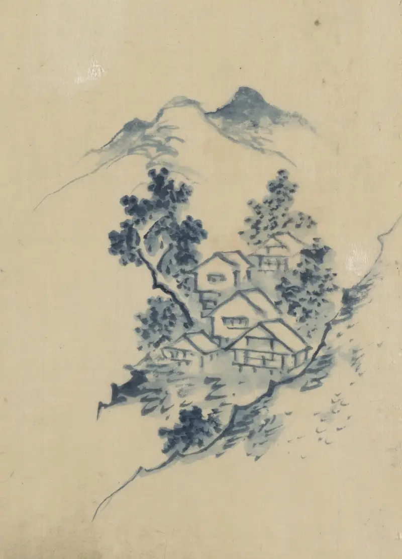 Buildings nestled among trees in a mountain valley av Katsushika Hokusai