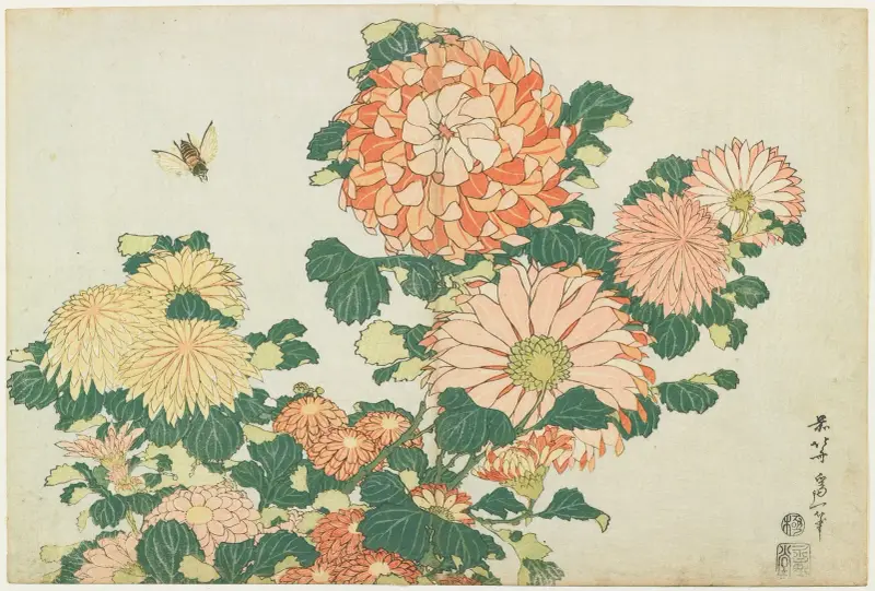 Krysantemum och hästfluga av Katsushika Hokusai