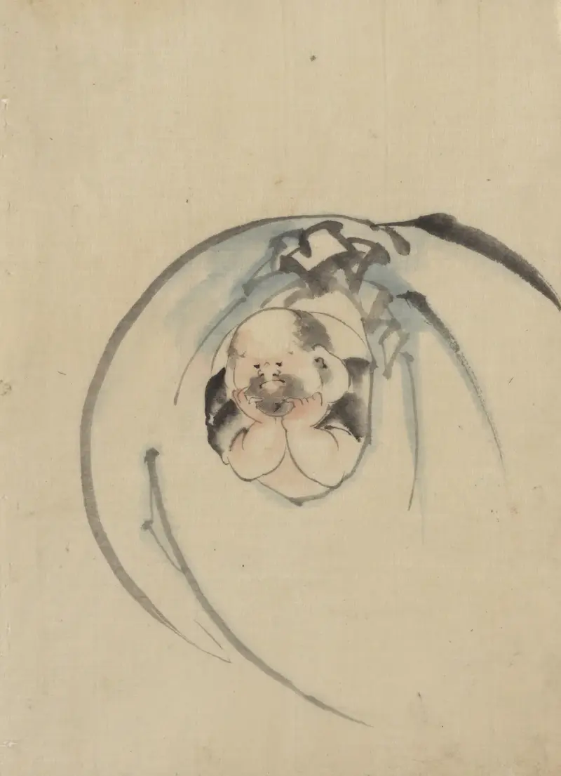 Hotei, the god of good fortune, one of the seven lucky gods, facing front with his head resting on his hands av Katsushika Hokusai