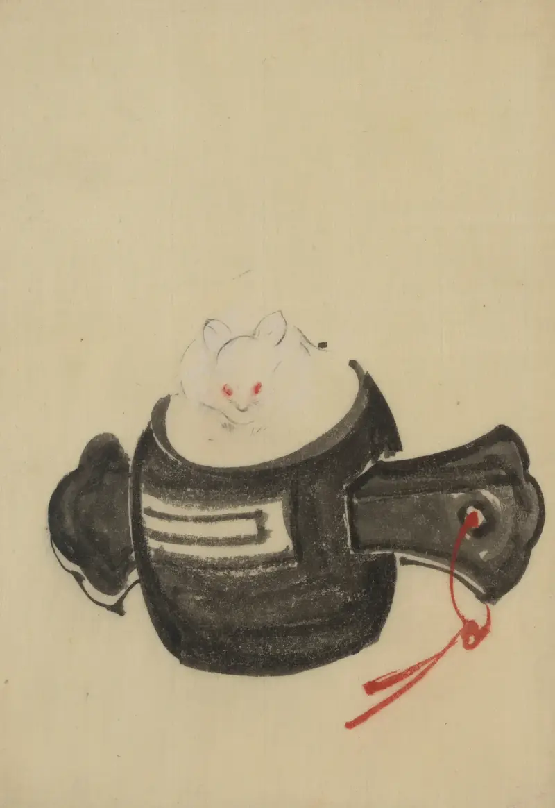 Mouse, facing front, sitting on a mallet with red ribbon through a hole in the handle av Katsushika Hokusai