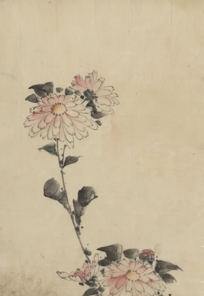 Pink flower blossoms on low stalk and two on a tall stalk av Katsushika Hokusai