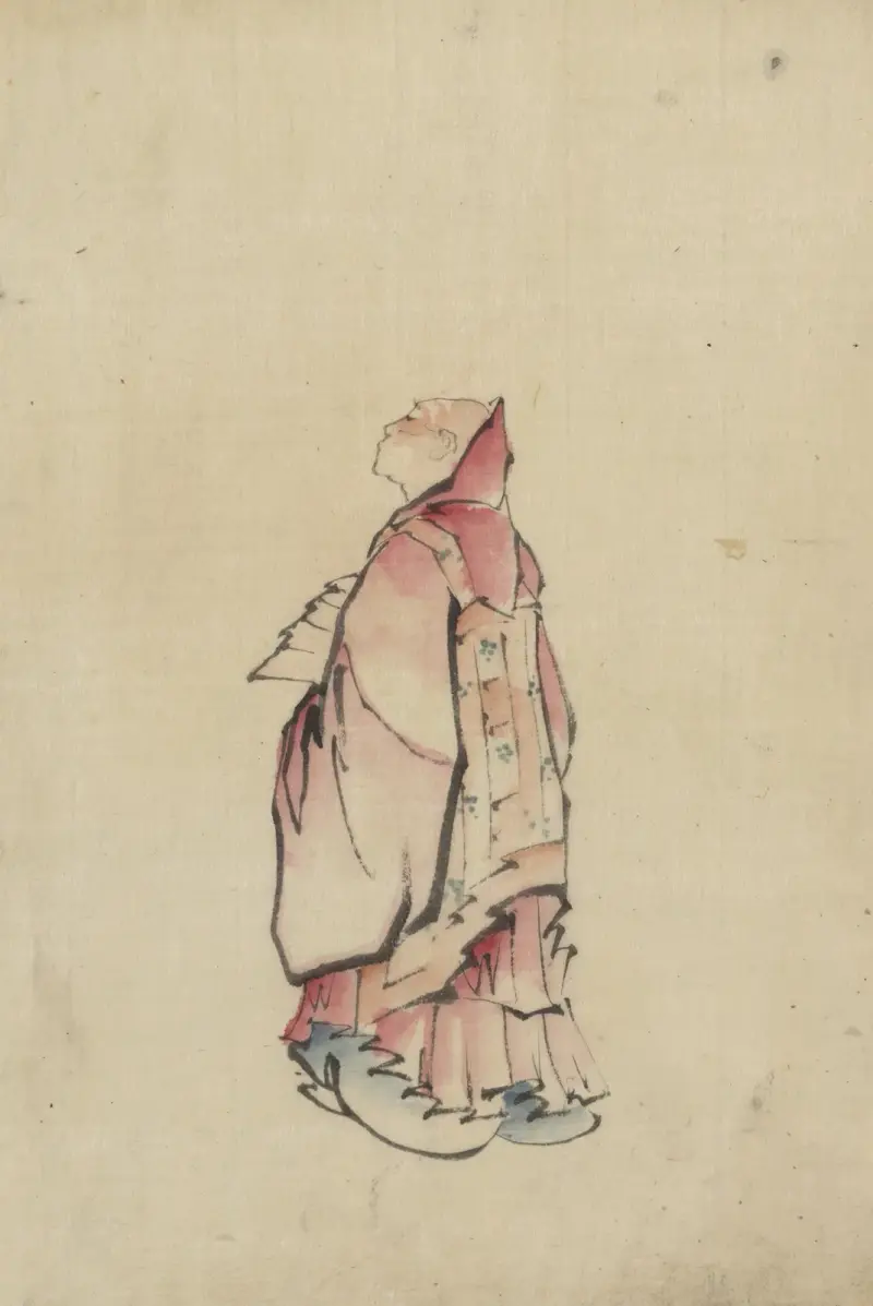 Sidovy av en munk i helfigur, vänd åt vänster, i dräkt med huva av Katsushika Hokusai