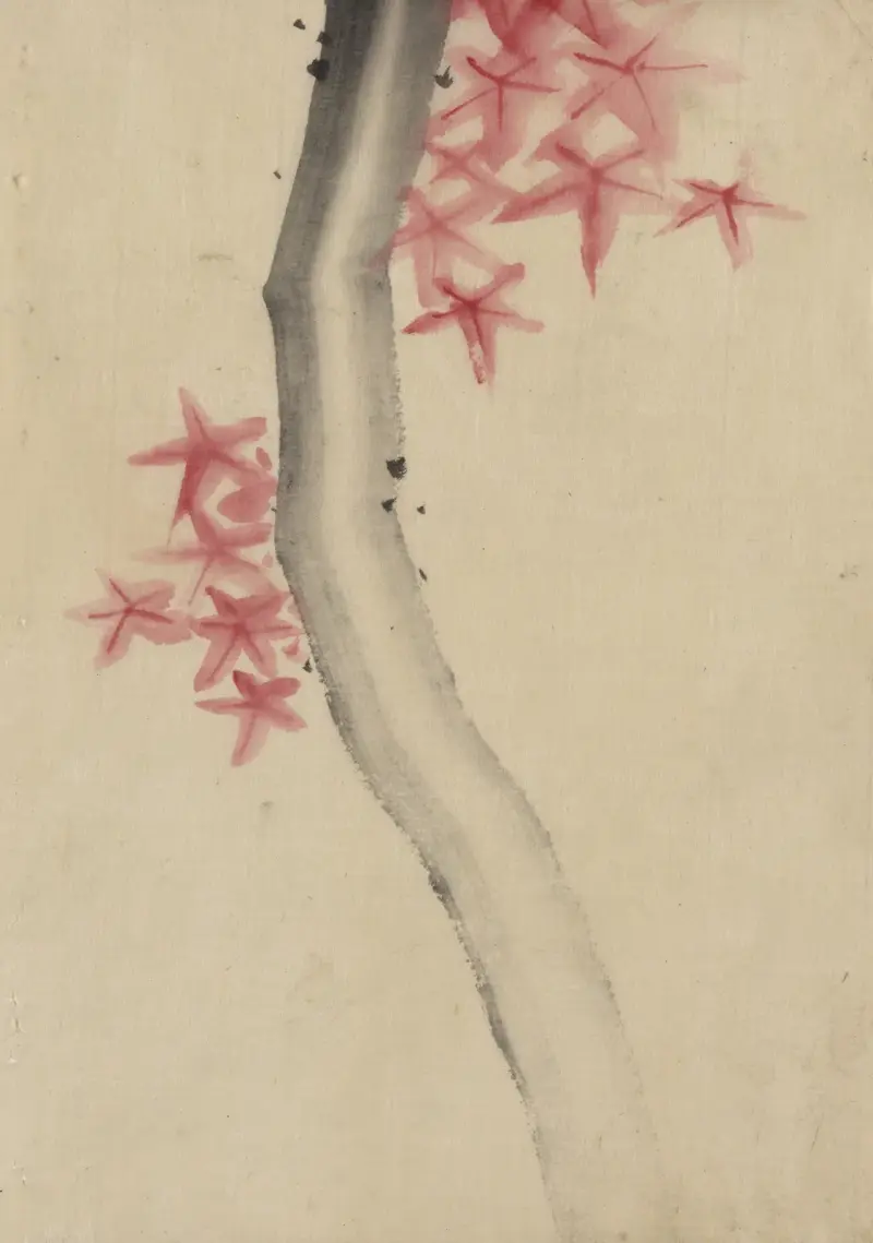 Unidentified, possibly a tree branch with red star-shaped leaves or blossoms av Katsushika Hokusai