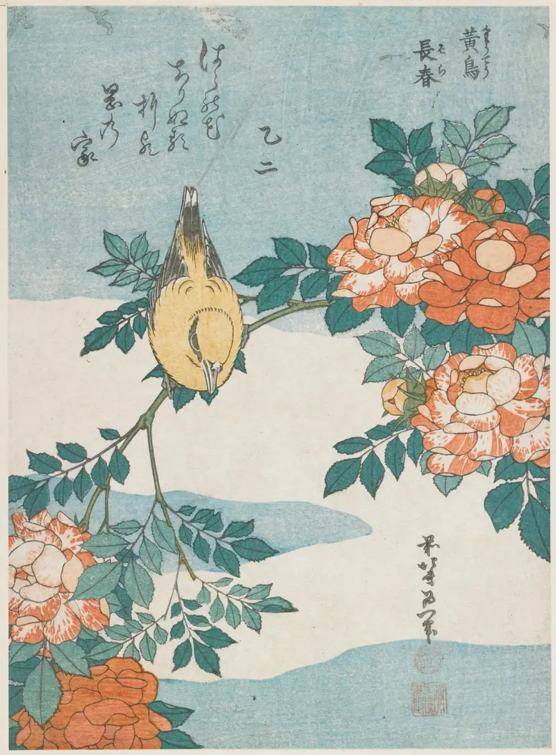 Warbler and Roses av Katsushika Hokusai