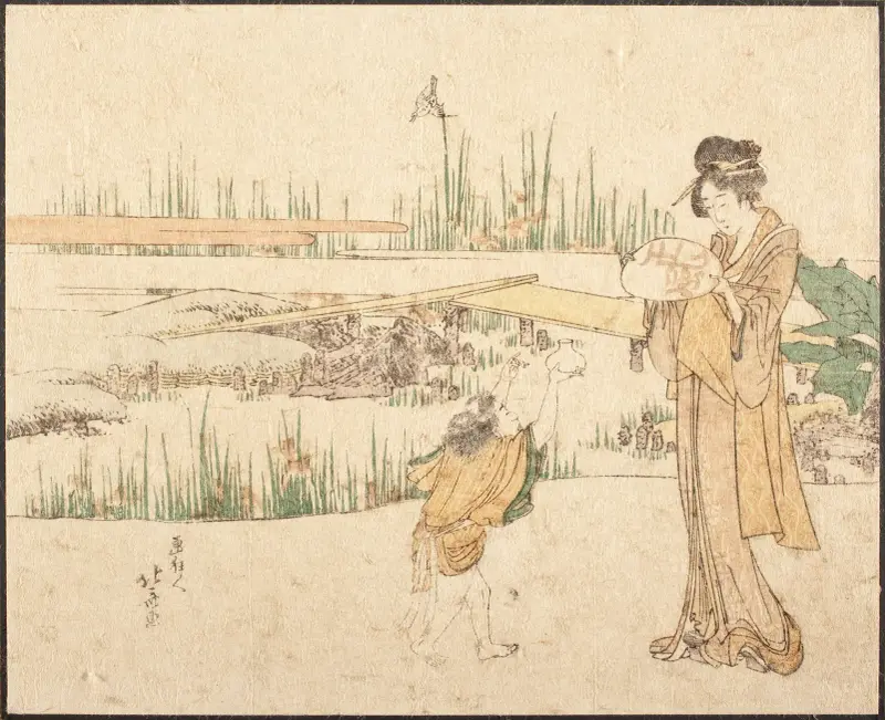 Woman and Child in a Garden; fragment of Goldfish Vendor av Katsushika Hokusai